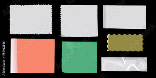 Assorted rectangular paper scraps with varied textures and colors arranged neatly