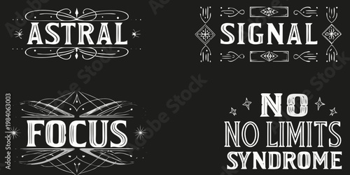 Black and white graphic design featuring text and ornamental flourishes