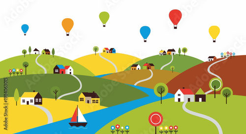 Colorful landscape with hot air balloons and houses on transparent background silhouette