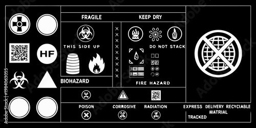 Collection of international shipping and hazard warning symbols on black