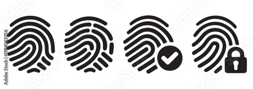 Fingerprint Scan Icon Set – 4 Black Verified Lock Approved Biometric Authentication Symbol Vector Collection. Fingerprint liner icon set. Access, identity verification and security scan vector pack