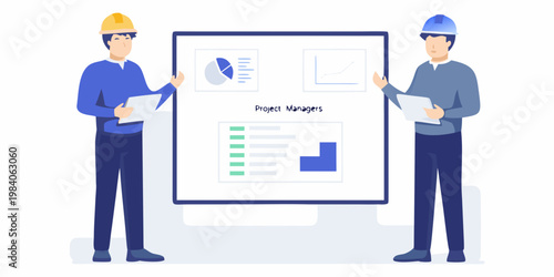 Two project managers presenting data and strategy on a large whiteboard