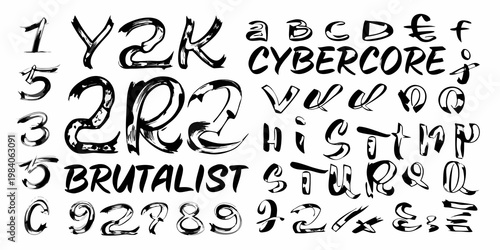 A collection of hand drawn expressive letters and numbers in black ink