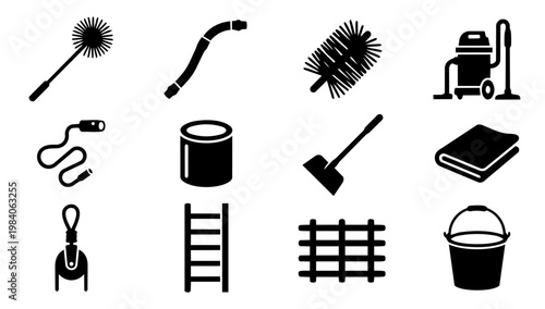 Chimney Sweep Tools Silhouettes Set, Fireplace Cleaning Equipment Icons