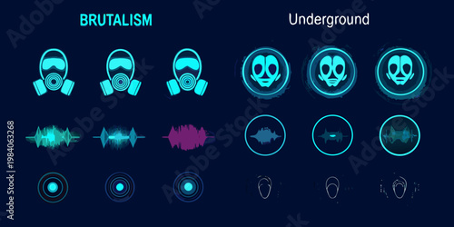 Brutalism and underground aesthetic gas masks waveforms and abstract shapes