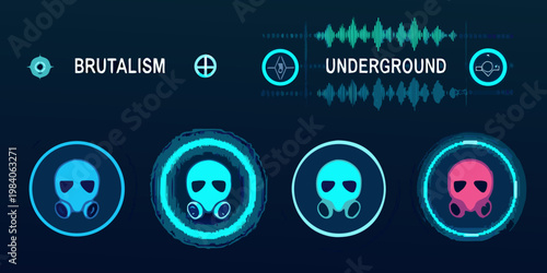 Graphic design featuring masks waveforms and text relating to brutalism