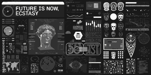 Collage of futuristic interfaces masks and classical sculpture in grayscale