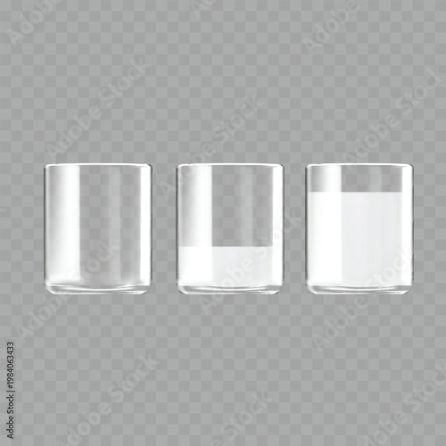 Realistic Glass of Milk Mockup Set. Vector Empty, Half-Full and Full Transparent Highball Cups with Dairy Drink.