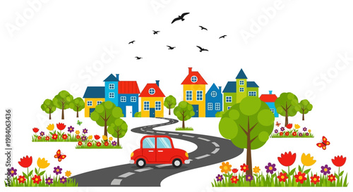 Colorful townscape with winding road birds and car on transparent background silhouette