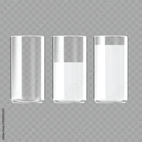 Realistic Glass of Milk Mockup Set. Vector Empty, Half-Full and Full Transparent Highball Cups with Dairy Drink.