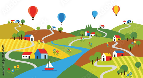 Colorful landscape with hot air balloons and winding roads on transparent background silhouette