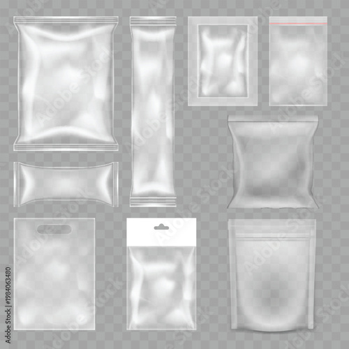 Realistic Transparent Plastic Packaging Mockup Set. Vector Blank Clear Bags, Ziplock Pouches and Candy Wrappers.