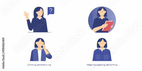 Four illustrations depict a woman in various professional situations