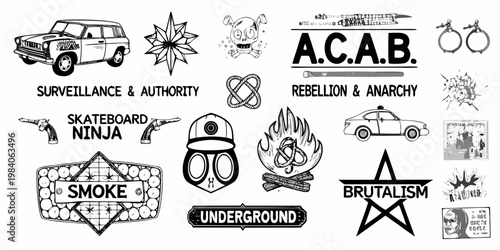 Collection of black and white sketches featuring symbols of protest and counterculture