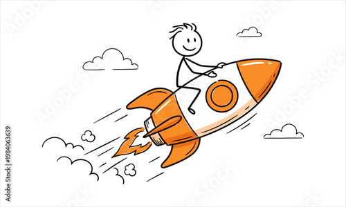 Stick figure riding a rocket ship blasting through the clouds with speed