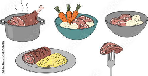 Meat dishes collection with steak roast beef potatoes and vegetables vector illustration