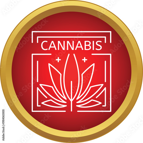 Cannabis leaf and text forming an icon on a circular red and gold background
