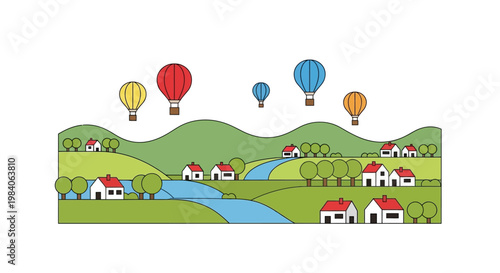 Colorful hot air balloons over a rolling landscape on transparent background silhouette