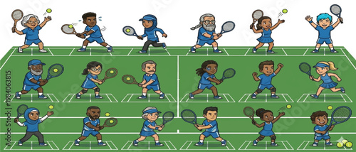 premium set of 18 unique cartoon tennis player icons with diverse characters for sports design
