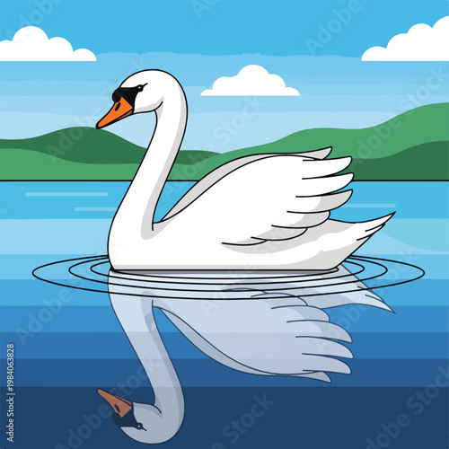 White Swan Bird Swimming Water.