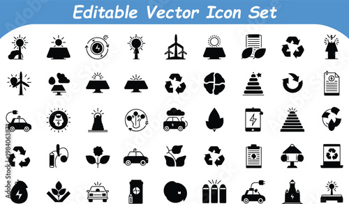Editable vector icon set: eco friendly and green energy concepts with environment sustainability electric