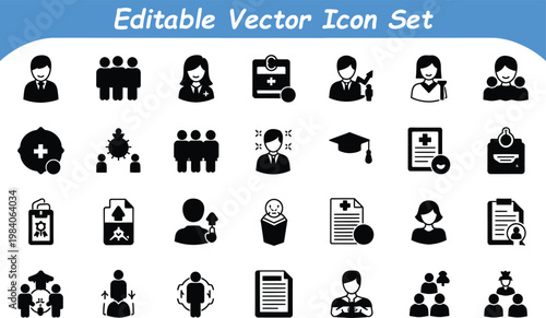 Healthcare medical and education personnel editable vector icon set for health services and learning with education