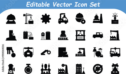 Industrial construction and manufacturing editable vector icon set for engineering and factory operations