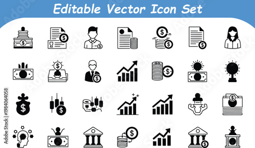 Business and finance editable vector icon set for economy investment banking concepts with business, investment