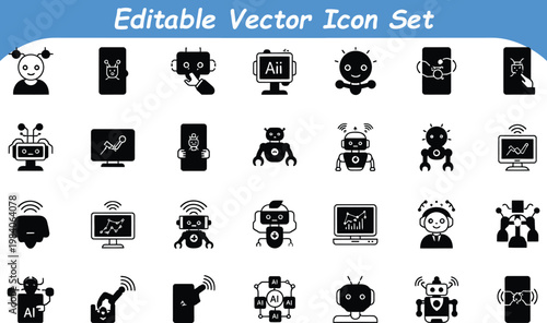Editable vector icon set for artificial intelligence robots advanced technology concepts future tech
