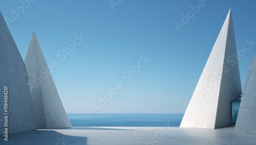 Geometric architectural structures with triangular facades stand against a