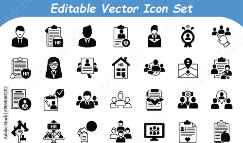 Human resources and employee recruitment editable vector icon set for business management with recruitment