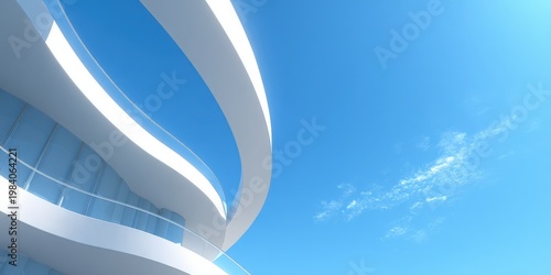 Modern architectural building with curved balconies against a clear blue sky