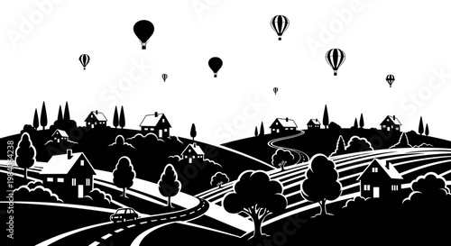 Scenic landscape with hot air balloons and a rural village silhouette on transparent background
