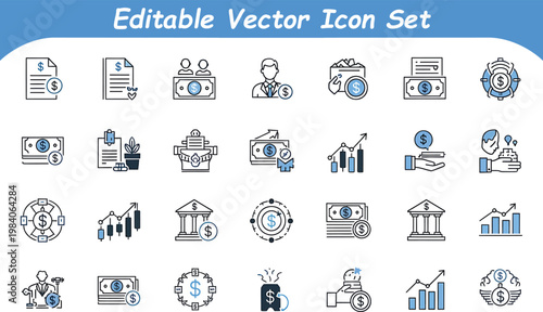 Financial services and banking vector icon set for money management and investment tracking with investment