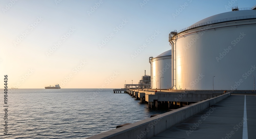 Obraz premium Large white industrial storage tanks for liquefied natural gas stand on a pier by the sea at sunset.