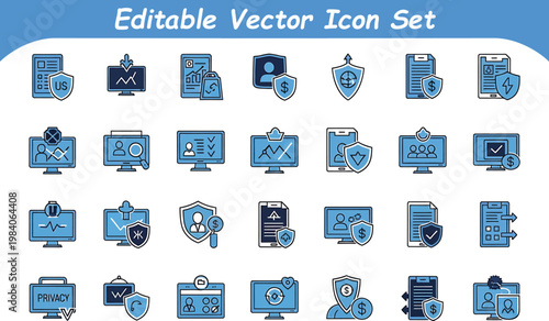 Blue cyber security and data protection vector icon set for network privacy and information safety with security
