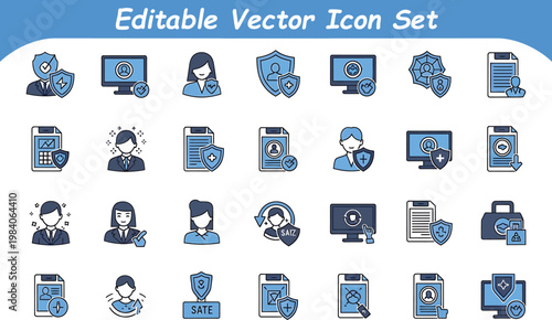 Cyber security and data protection vector icon set with information privacy and network safety symbols, security