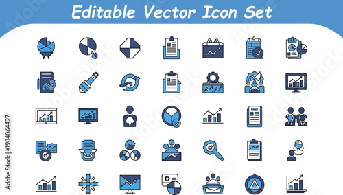Professional business management and financial analytics vector icon set for corporate strategy and planning