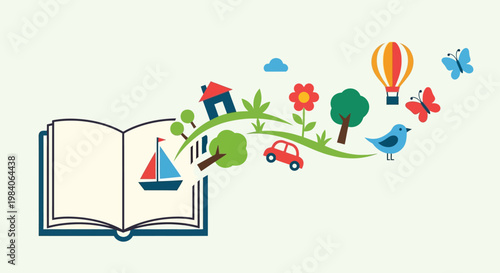 An open book releasing whimsical scenes a delightful silhouette on transparent background