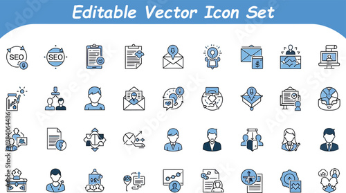 Search engine optimization and digital marketing vector icon set for web development and social media campaigns