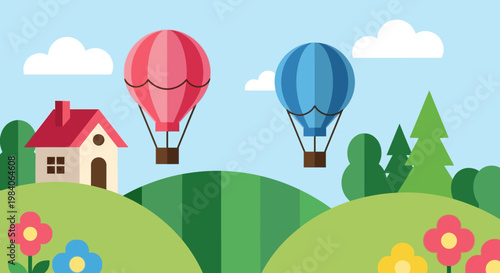 Colorful hot air balloons float over a landscape on transparent background silhouette