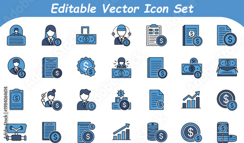Financial and banking blue vector icon set for business investment and wealth management with investment, business