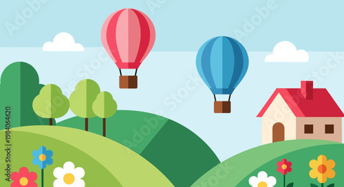 Colorful hot air balloons float over a landscape with houses on transparent background silhouette
