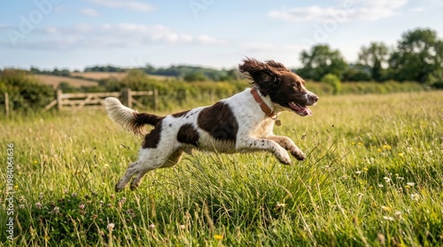 A lively English Springer Spaniel runs through a grassy field. The dog leaps with enthusiasm, its fur blowing in the wind.