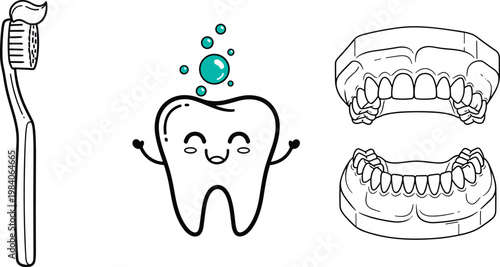 Cute and Playful Dental Care Vector Set Featuring Toothbrush, Happy Tooth, and Denture for Oral Hygiene, Cleanliness, Dental Health, and Children's Education