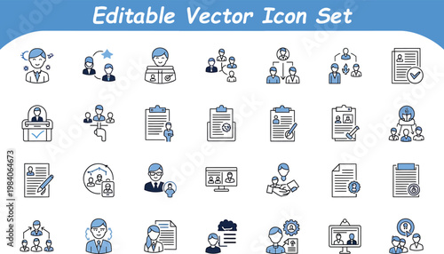 Recruitment and human resources vector icon set for job hiring and team management with recruitment, interview