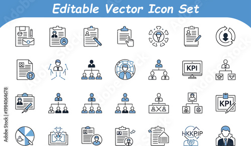 Performance management and kpi vector icon set for business strategy and organizational growth with management