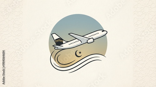 Minimalist airplane travel illustration with abstract landscape background