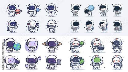 Cute astronaut character set with funny poses and space objects in cartoon style for kids education stickers games and playful technology design