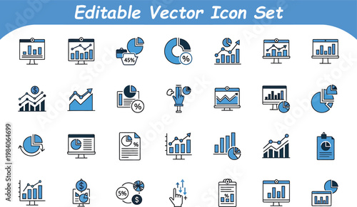 Data analytics and financial chart vector icon set for business statistics and report presentations with analytics